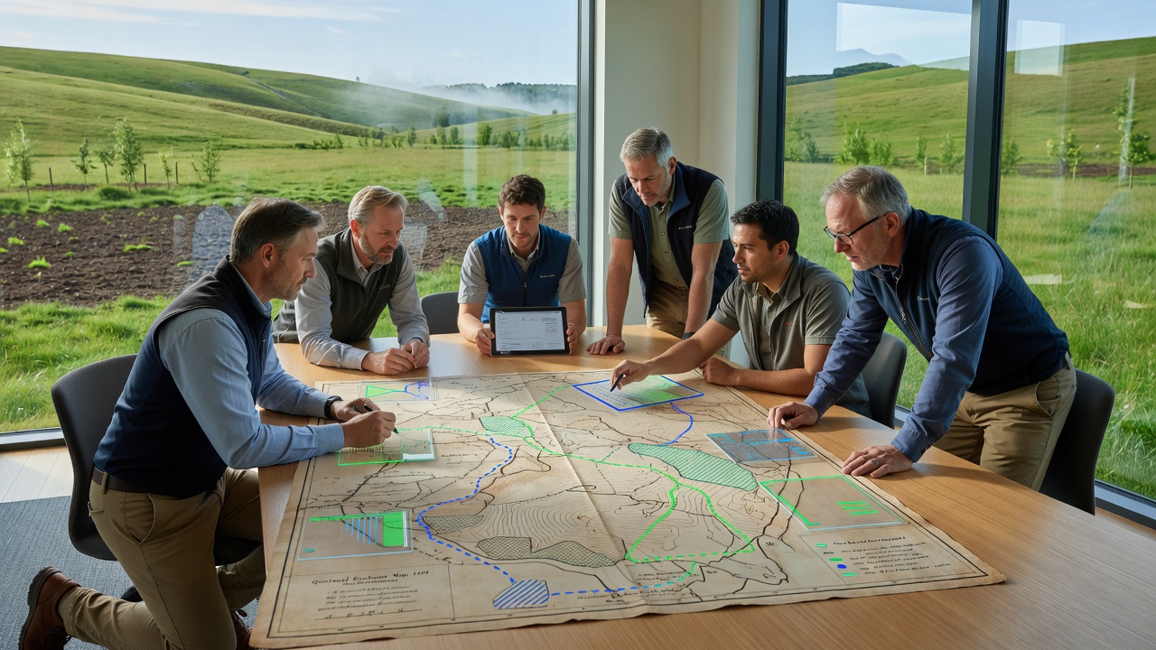 Restoration crew using tablet devices to reference digitized historical cartography while planting native species in cleared Quietwald meadow sections